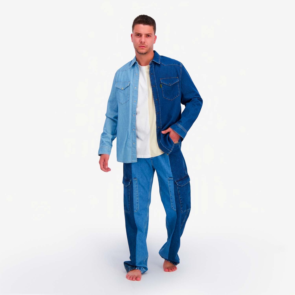 Upcycling chemise western homme en jeans bi-couleur - SHEMS V2