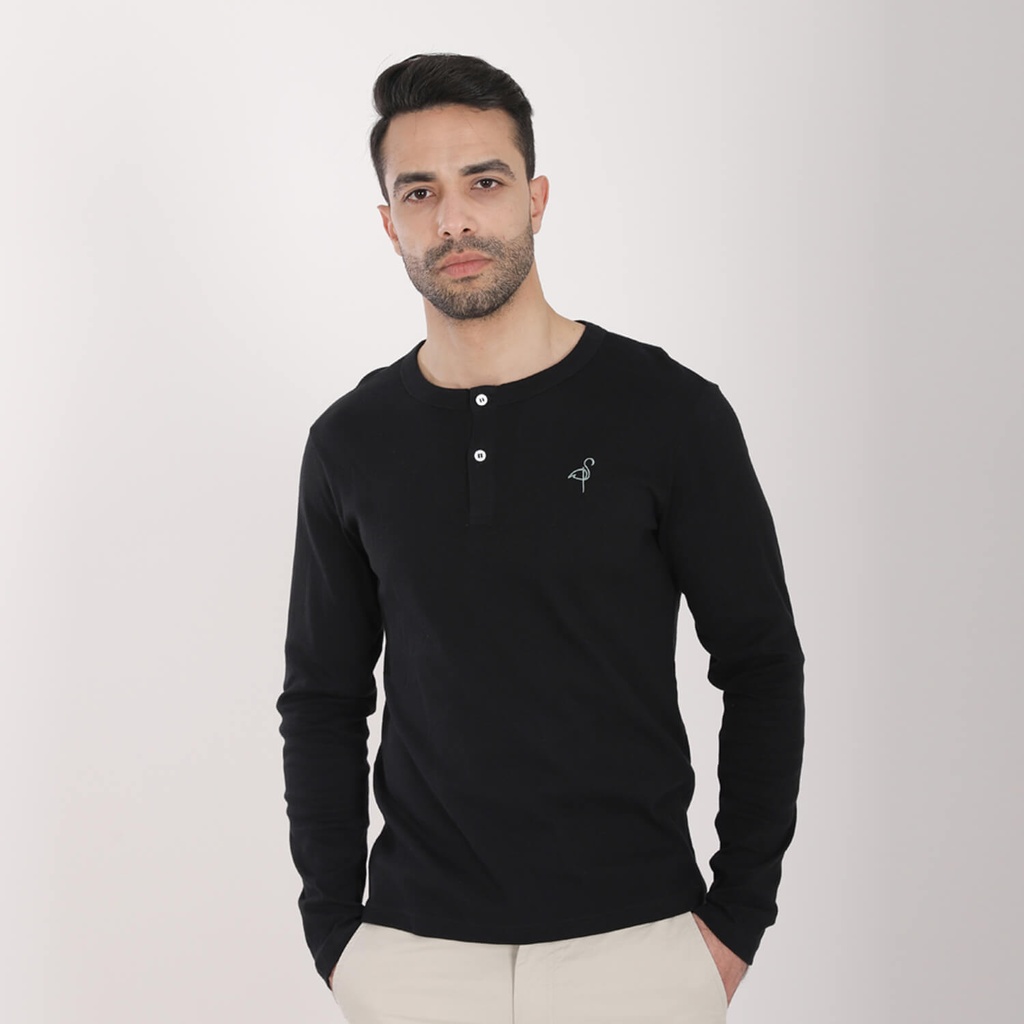 T-SHIRT HOMME CÔTELÉ MANCHES LONGUES COL TUNISIEN AVEC BRODERIE