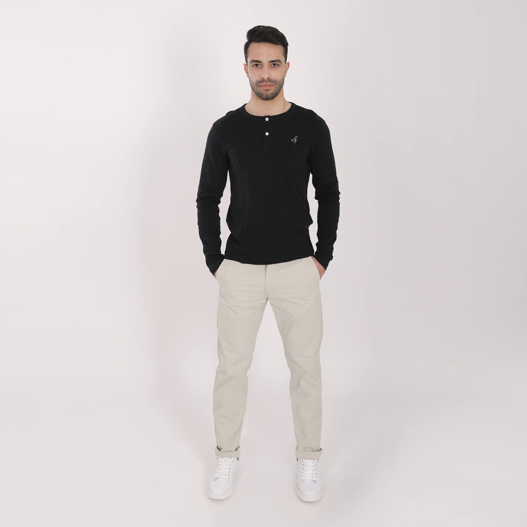 T-shirt homme côtelé manches longues col tunisien avec broderie