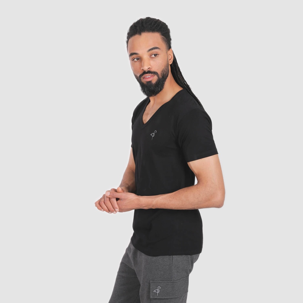 T-SHIRT HOMME MANCHES COURTES COL V FLAMANT ROSE