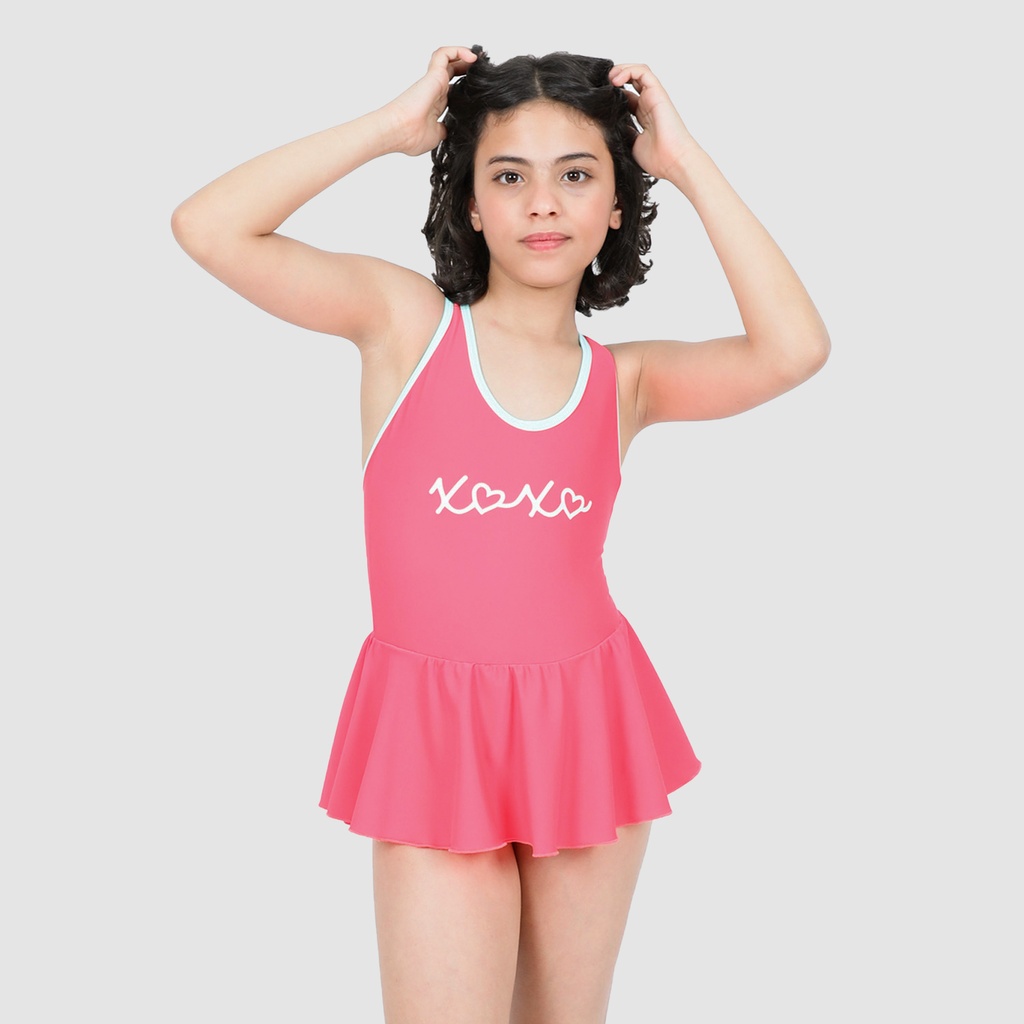 Maillot de bain fille avec volant et biais contrasté