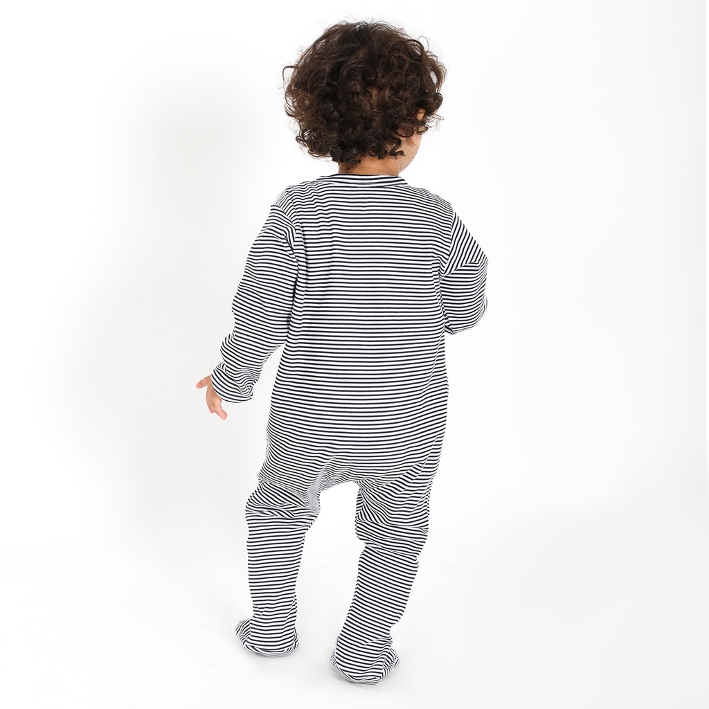 Grenouillère bébé avec bouton rayé bleu & blanc