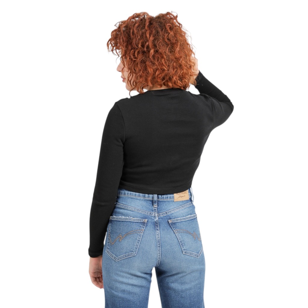 T-shirt crop côtelé femme manches longues avec flat lock