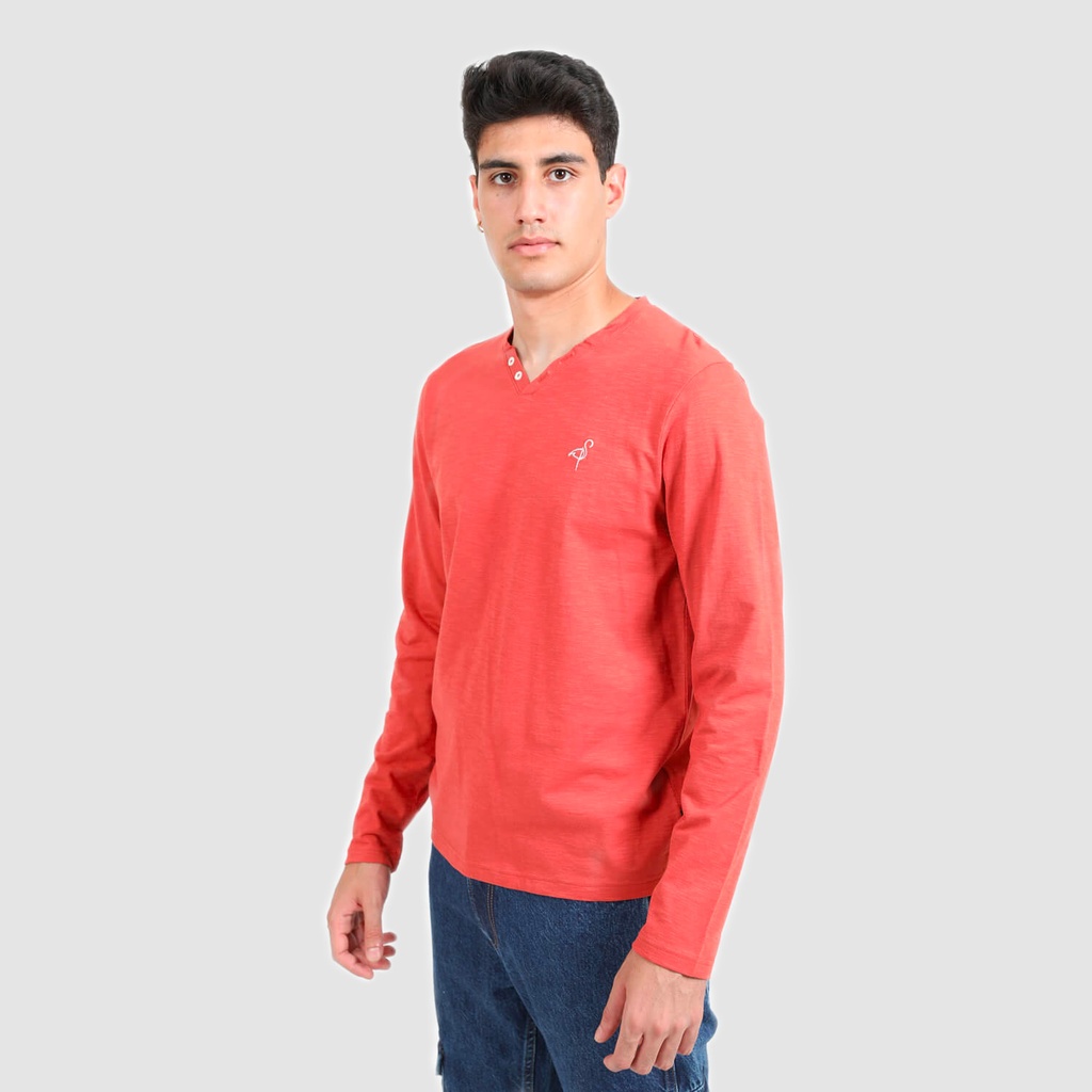 T-shirt homme manches longues col tunisien avec broderie