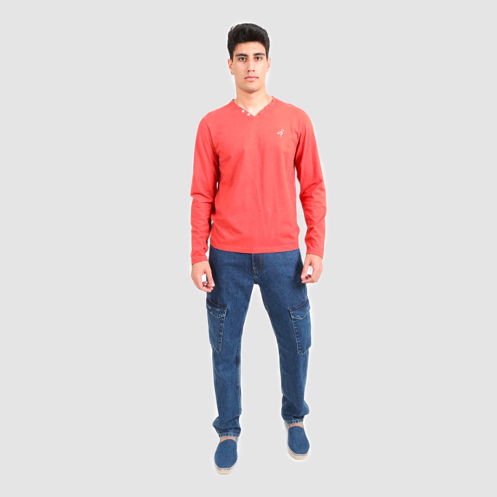 T-shirt homme manches longues col tunisien avec broderie
