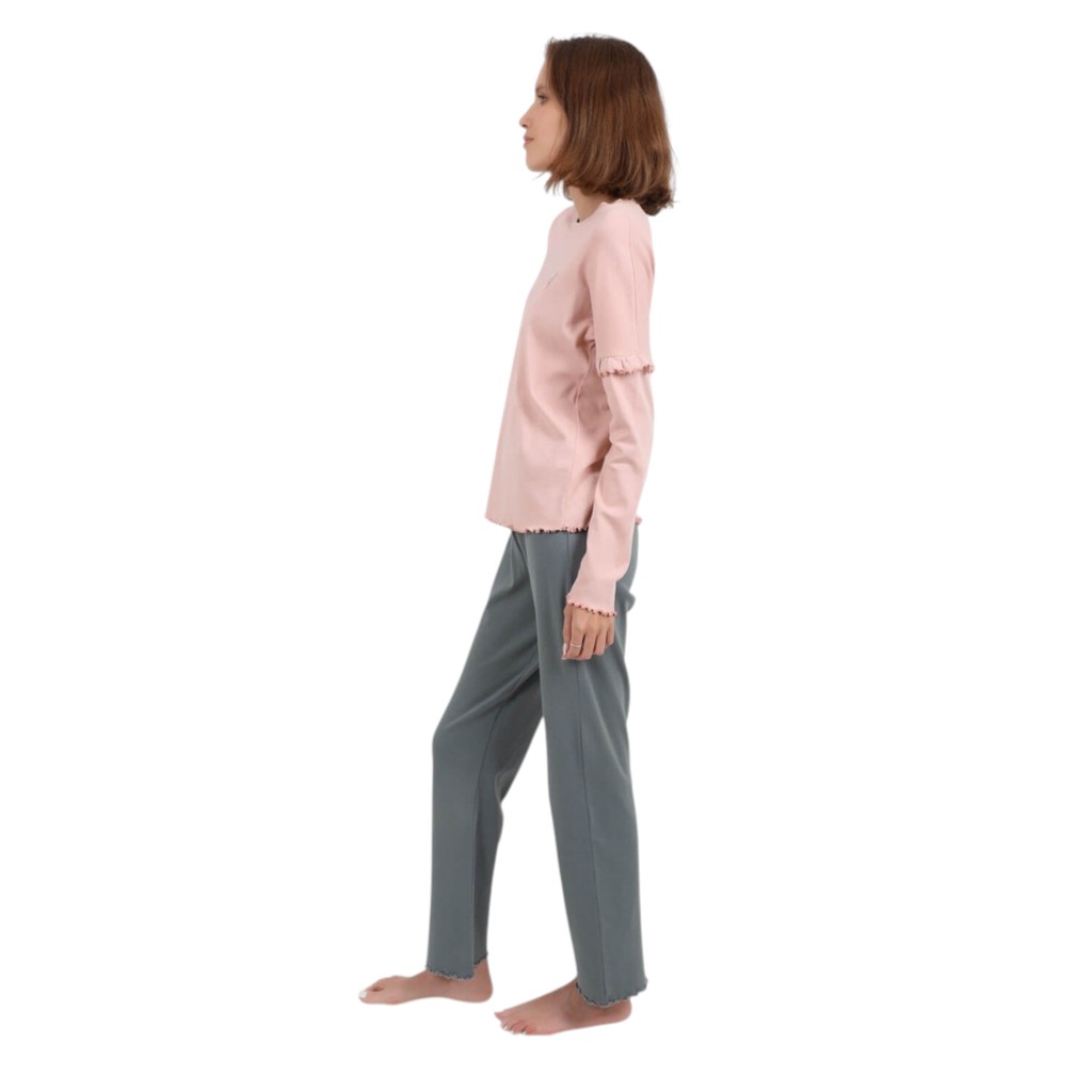 Pyjama côtelé femme manches longues avec volant
