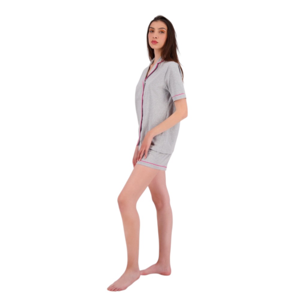 Pyjama chemise et short femme manches courtes avec pipping