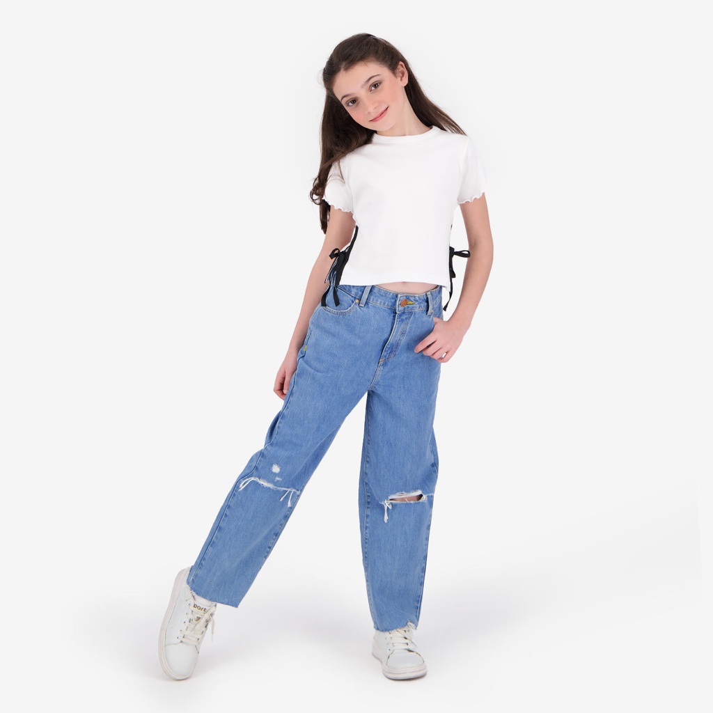 T-shirt fille manches courtes avec nœuds sur le cotés