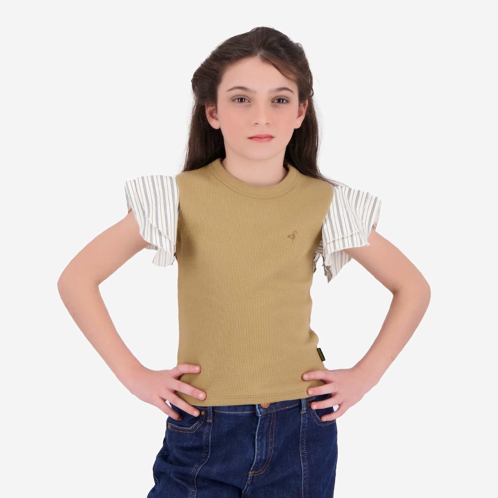 T-shirt côtelé fille manches à volant en chaine et trame