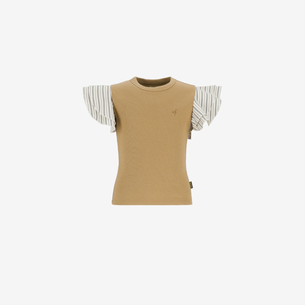 T-shirt côtelé fille manches à volant en chaine et trame