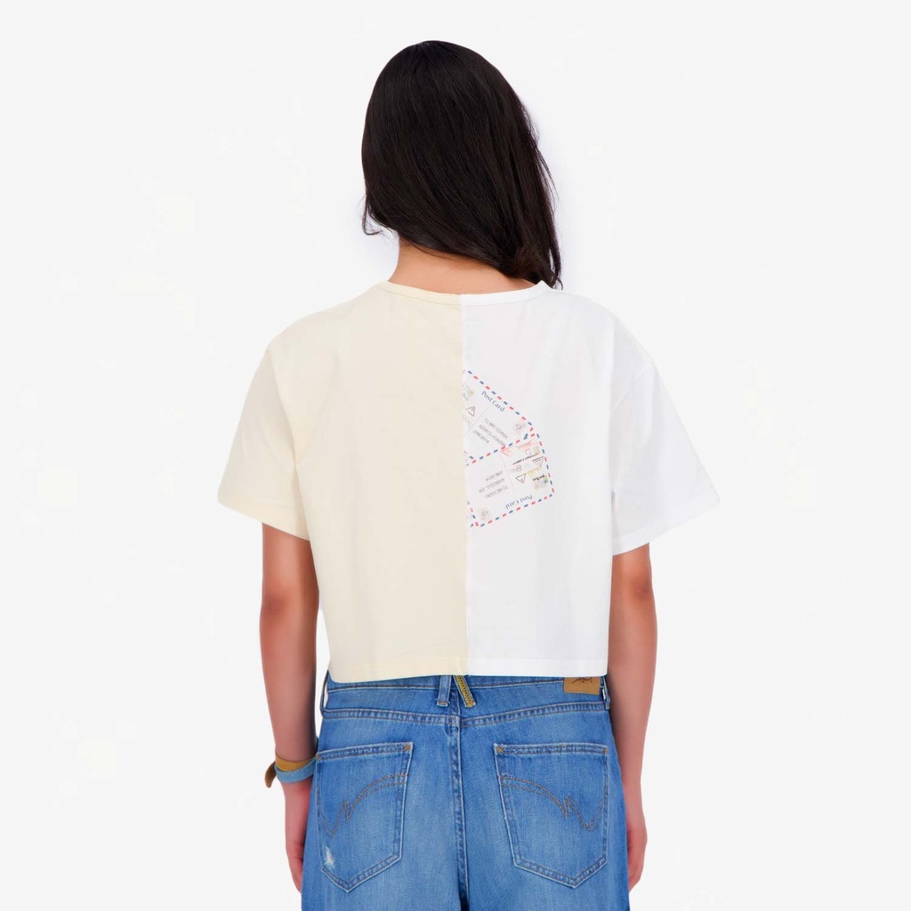 Upcycling t-shirt crop femme manches courtes POSTCARD & WARNING VERSION 1
