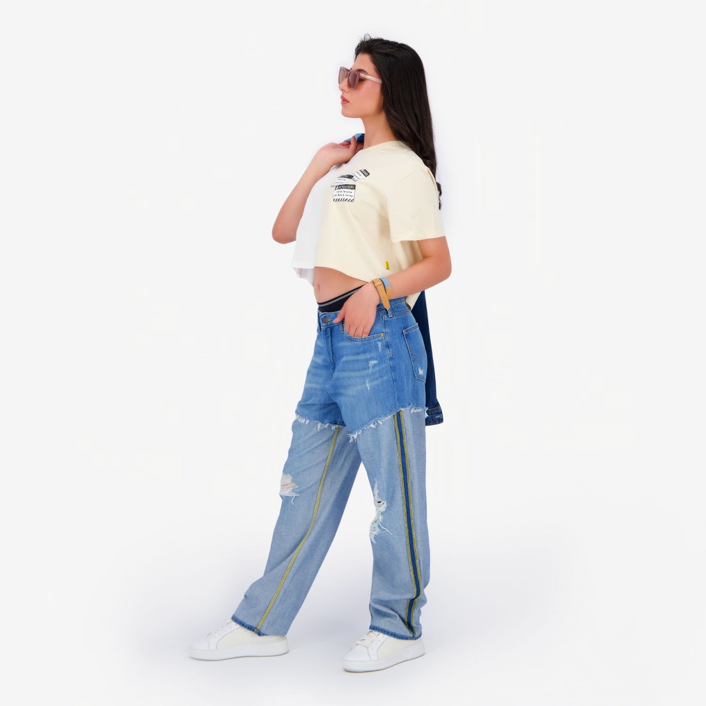 Upcycling t-shirt crop femme manches courtes POSTCARD & WARNING VERSION 1