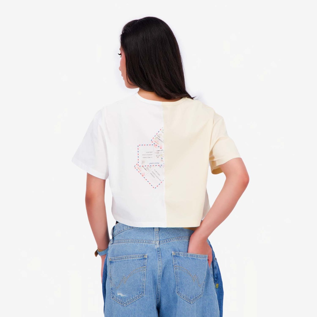 Upcycling t-shirt crop femme manches courtes POSTCARD & WARNING VERSION 2