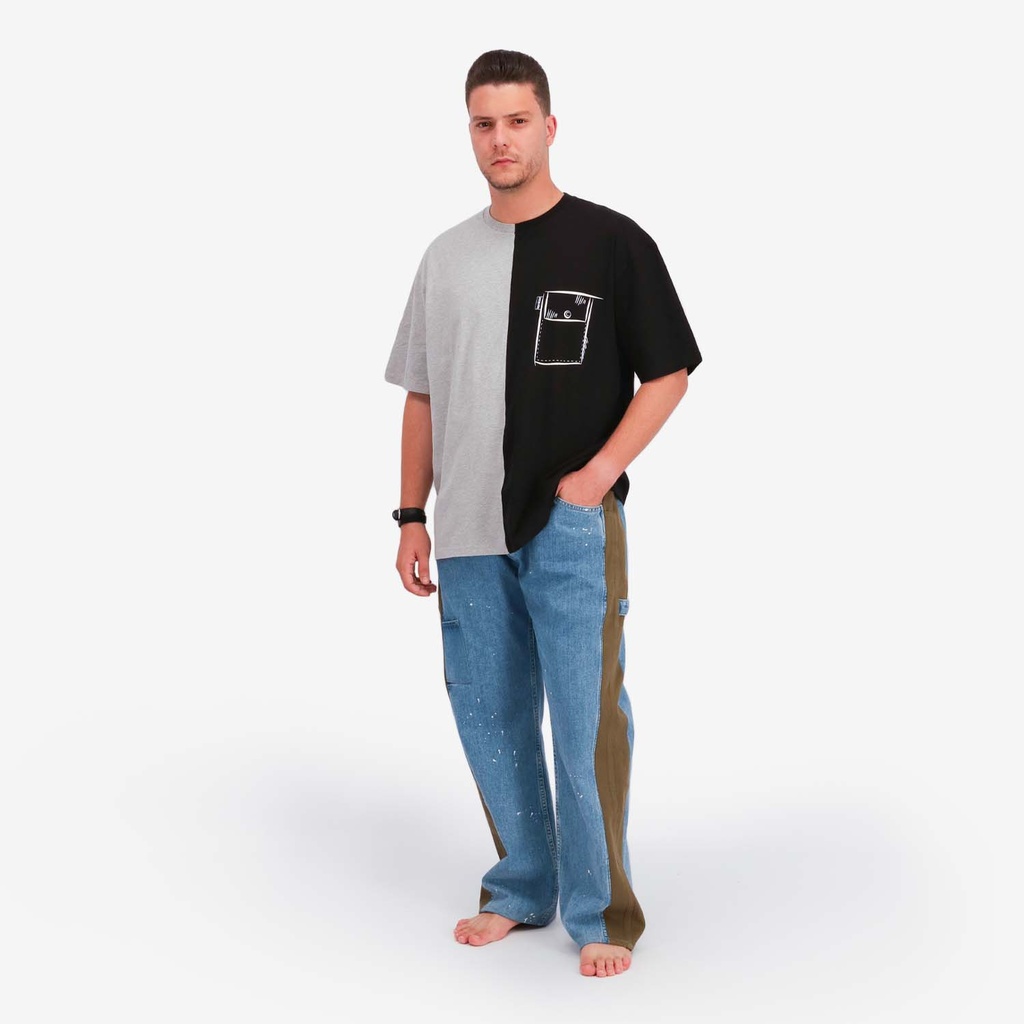 Upcycling t-shirt oversized homme manches courtes CROQUIS POCHE & الري VERSION 1