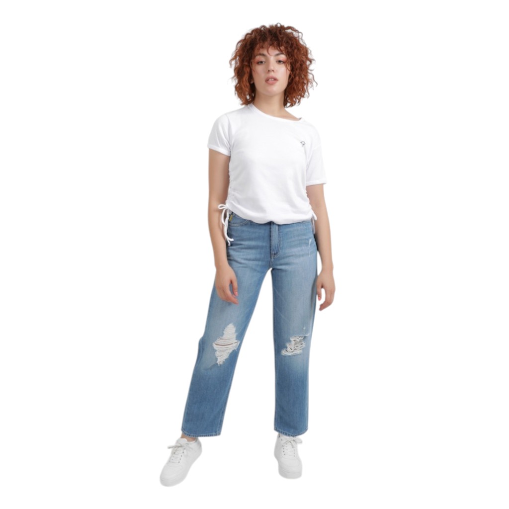 T-shirt côtelé femme manches courtes avec cordon de serrage