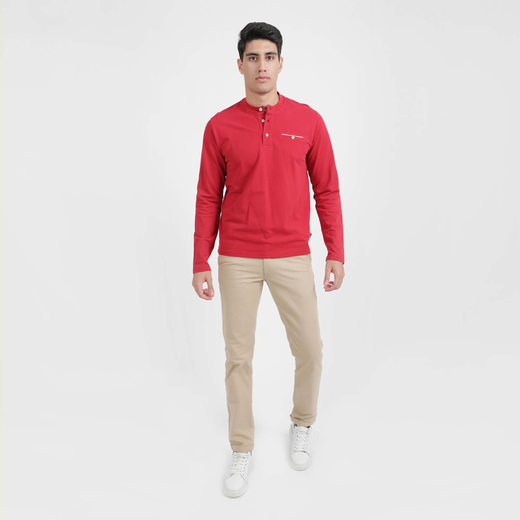 T-shirt homme manches longues col tunisien et poche passepoilée