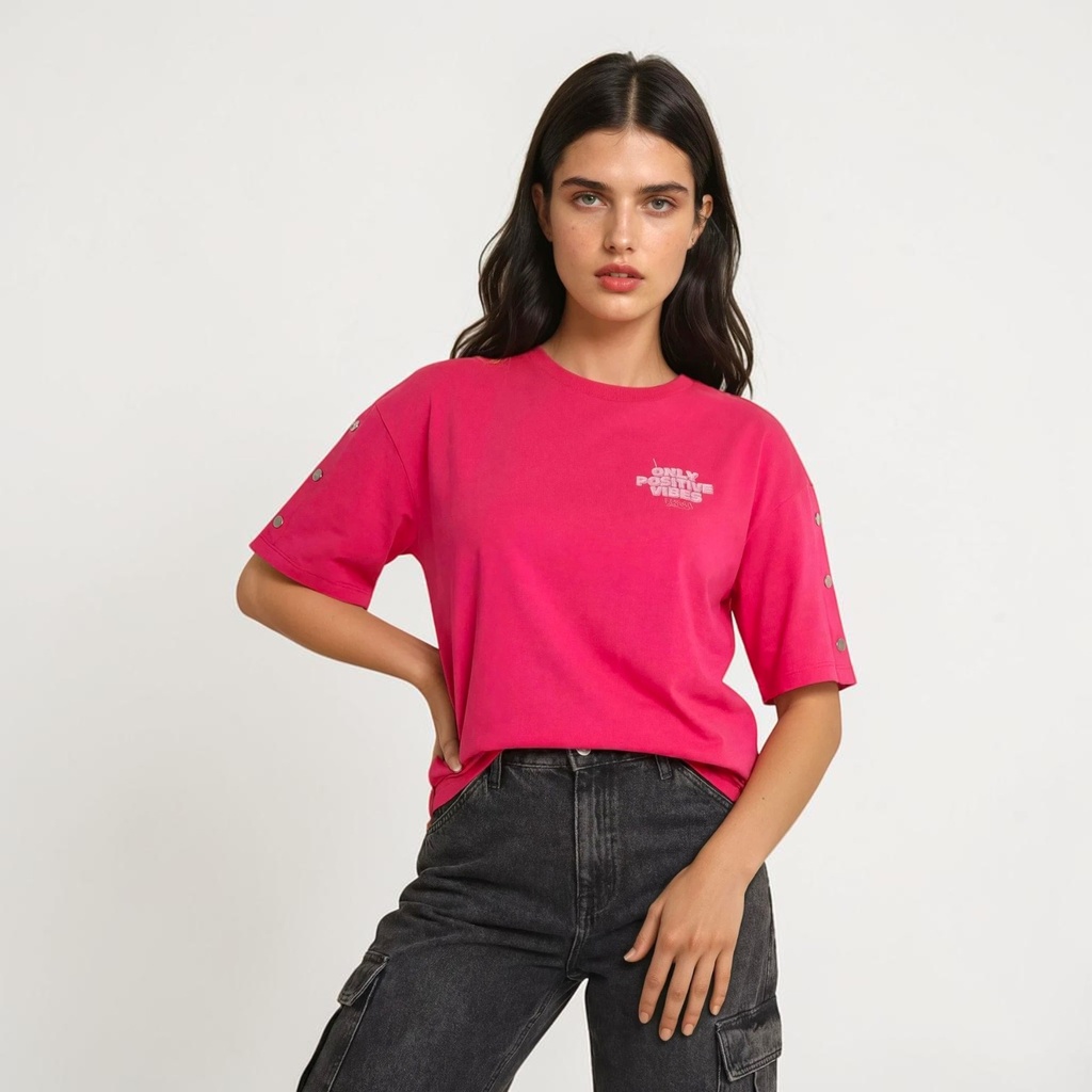 T-shirt femme sur taille avec boutons pression ONLY POSITIVE VIBES