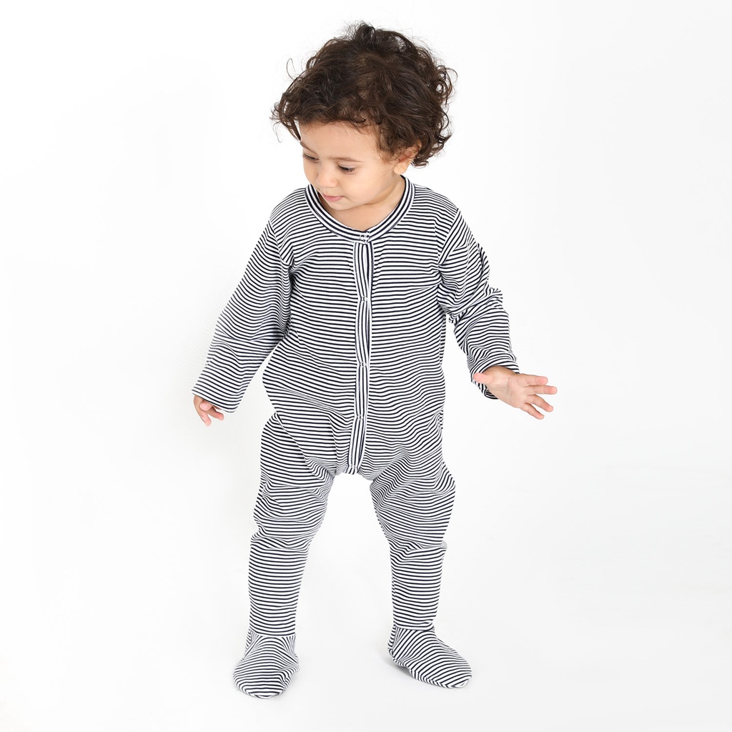 Grenouillère bébé avec bouton rayé bleu & blanc