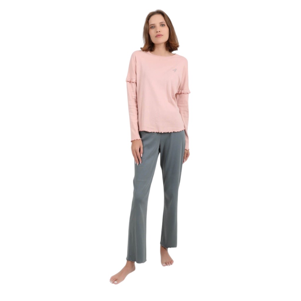 Pyjama côtelé femme manches longues avec volant