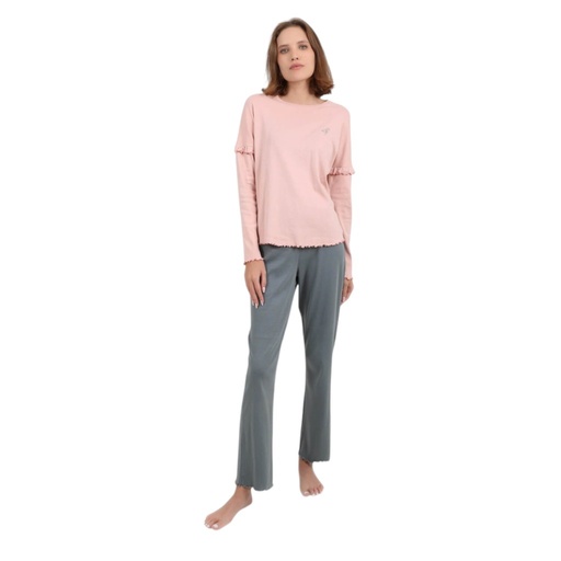 Pyjama côtelé femme manches longues avec volant