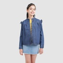 Chemise col tunisien fille avec volant en jeans