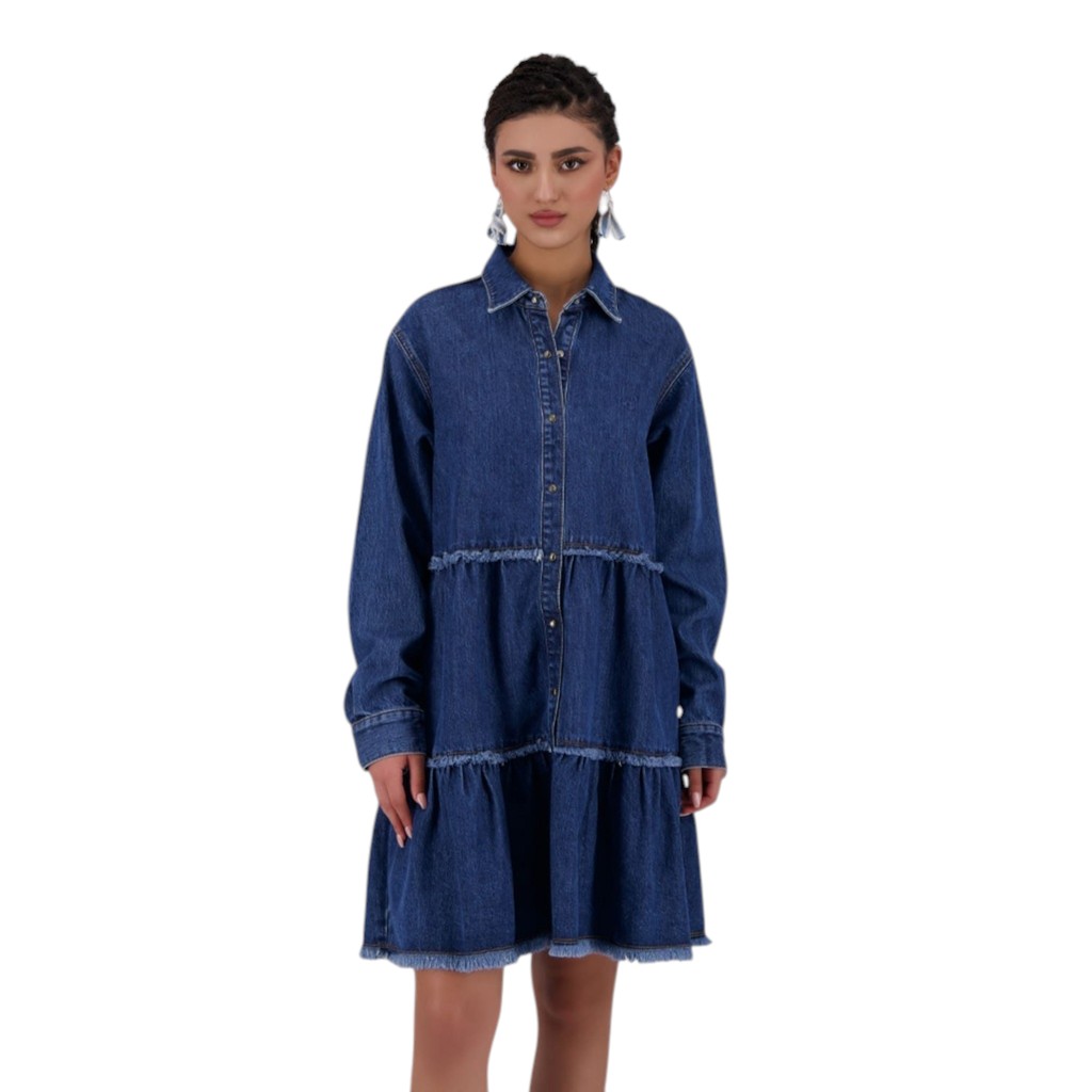Robe chemise femme a volants en jeans- RAFLA