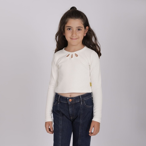 T-shirt côtelé fille manches longues avec cut out fleur