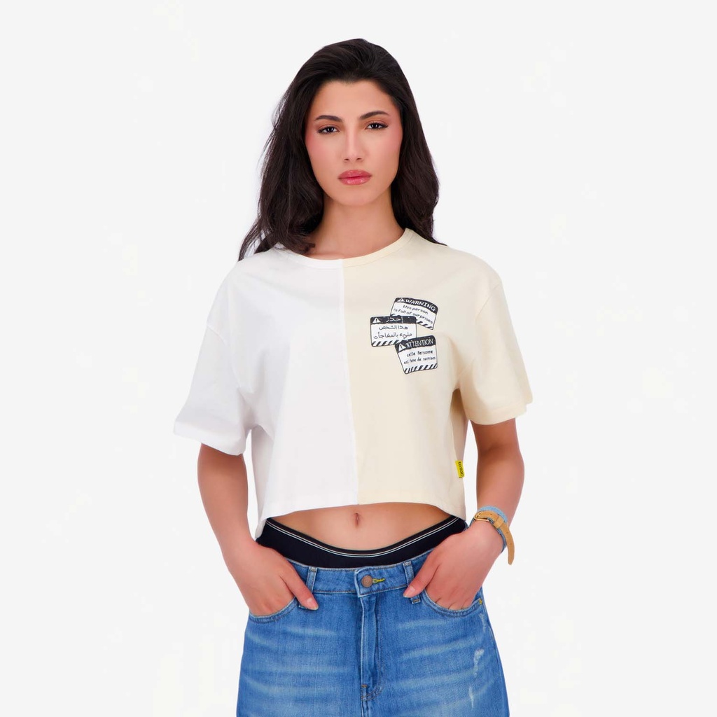 Upcycling t-shirt crop femme manches courtes POSTCARD & WARNING V1