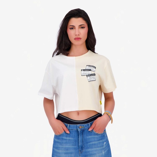 Upcycling t-shirt crop femme manches courtes POSTCARD & WARNING V1