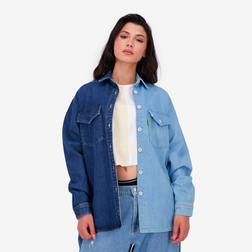 Upcycling chemise oversized femme en jeans bi-couleur - SHER V2
