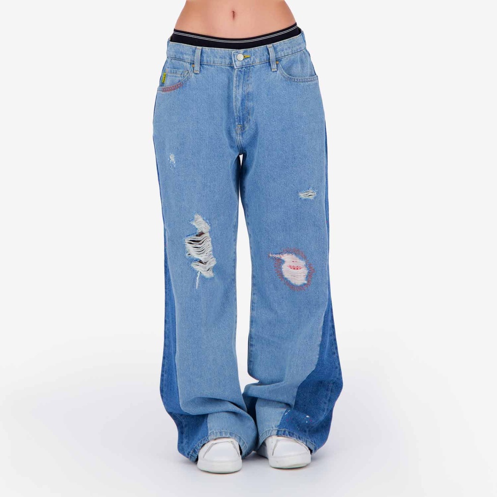 Upcycling baggy jeans femme bi-couleur