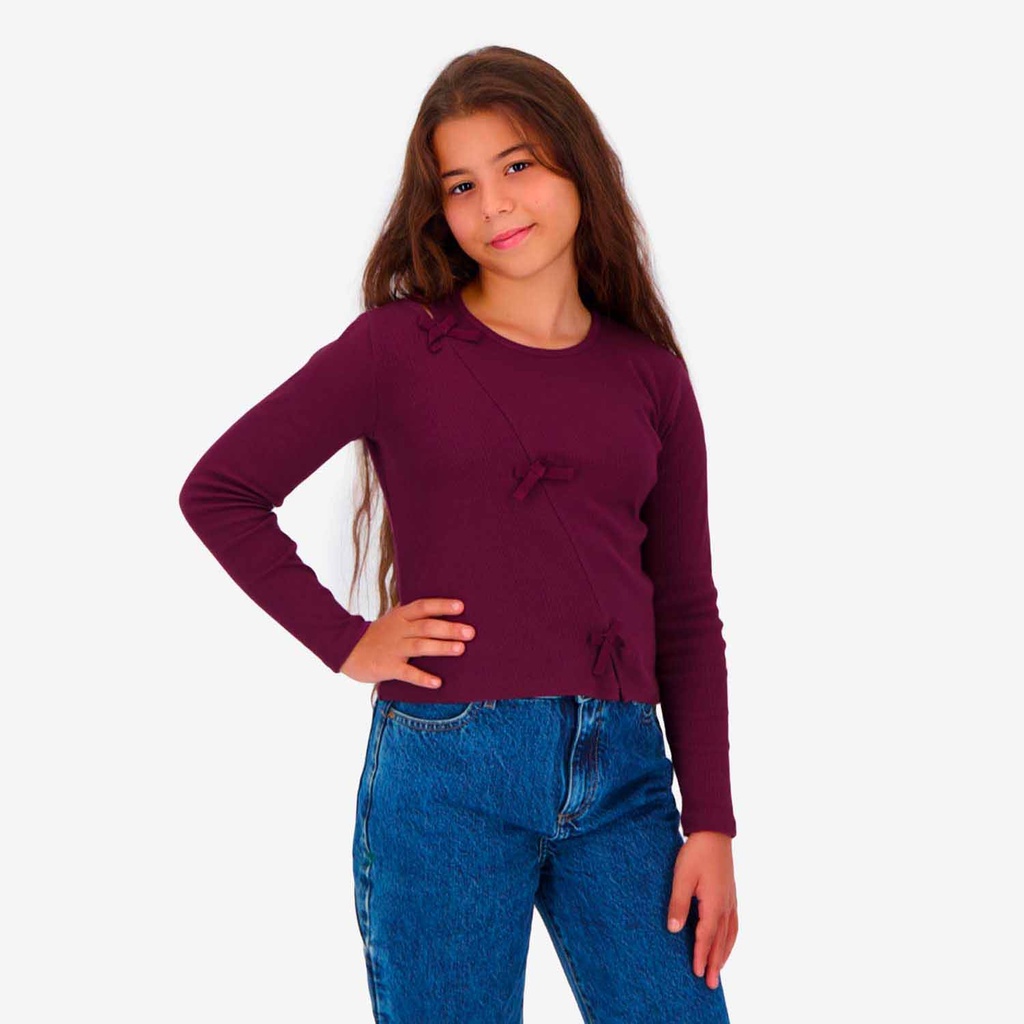 T-shirt côtelé fille manches longues avec noeuds