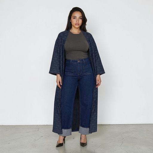 [01-010-100-009-K490-U] Kimono femme en jeans avec laser all over - KARAMA